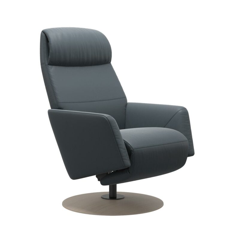 Stressless Sessel Scott, Lederfarbe grau blau mit dem runden Disc Untergestell in weiß
