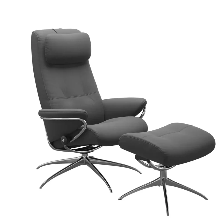 Grauer Stressless Sessel Berlin mit hohem Rücken | Star Untergestell Chrom, mit Hocker